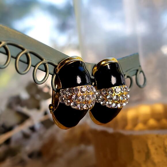 Black and Gold Enamel Clip-On Earrings with Rhinestones - Picture 2 of 10